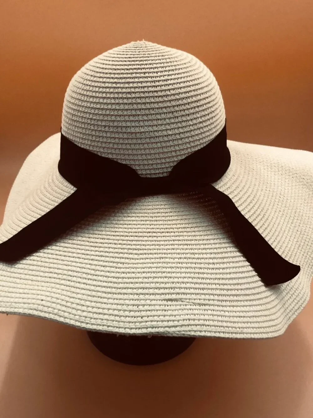 Vintage Straw Sun Hat w/ Black Ribbon – Wide Brim Cloche Style Neutral Beige